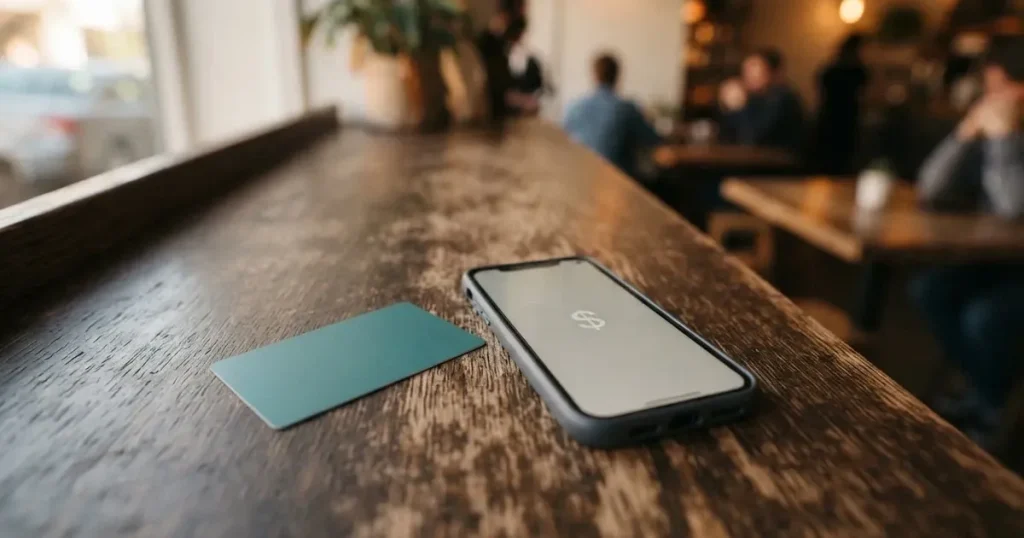 A payment card next to a phone with a crypto wallet app open
