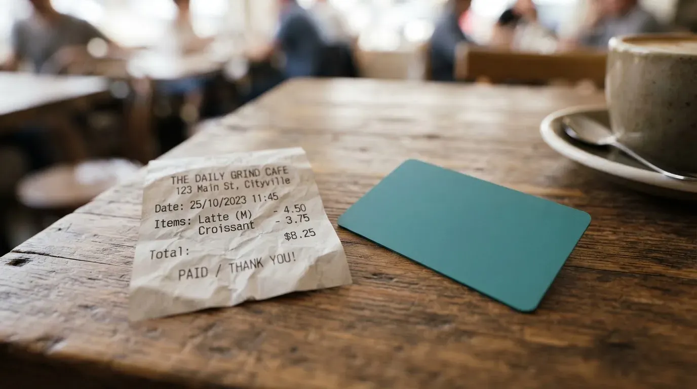 A receipt and a card on a café table