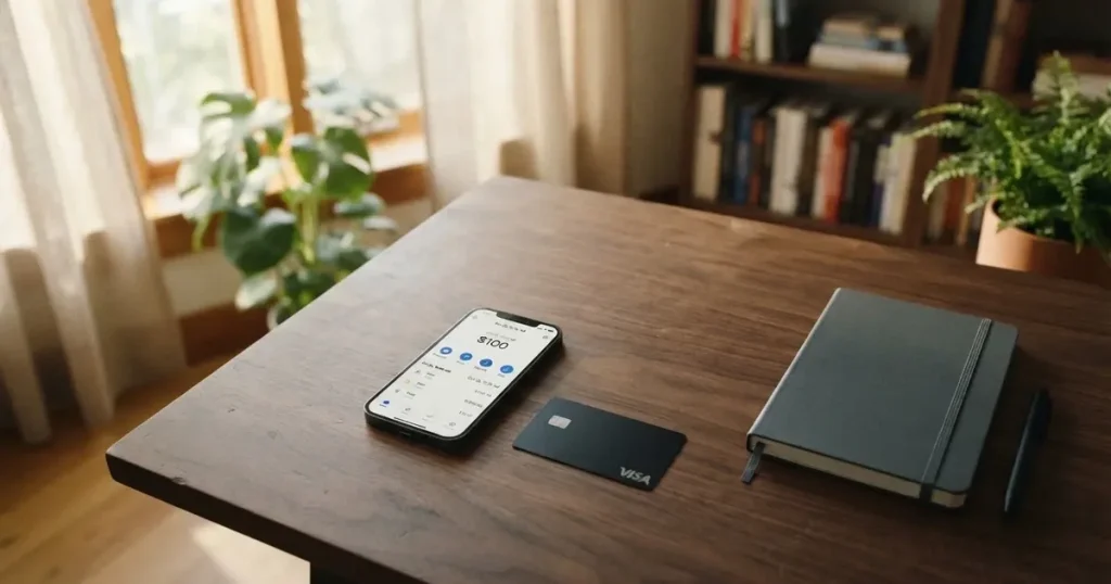 A payment card next to a phone with a crypto wallet app open