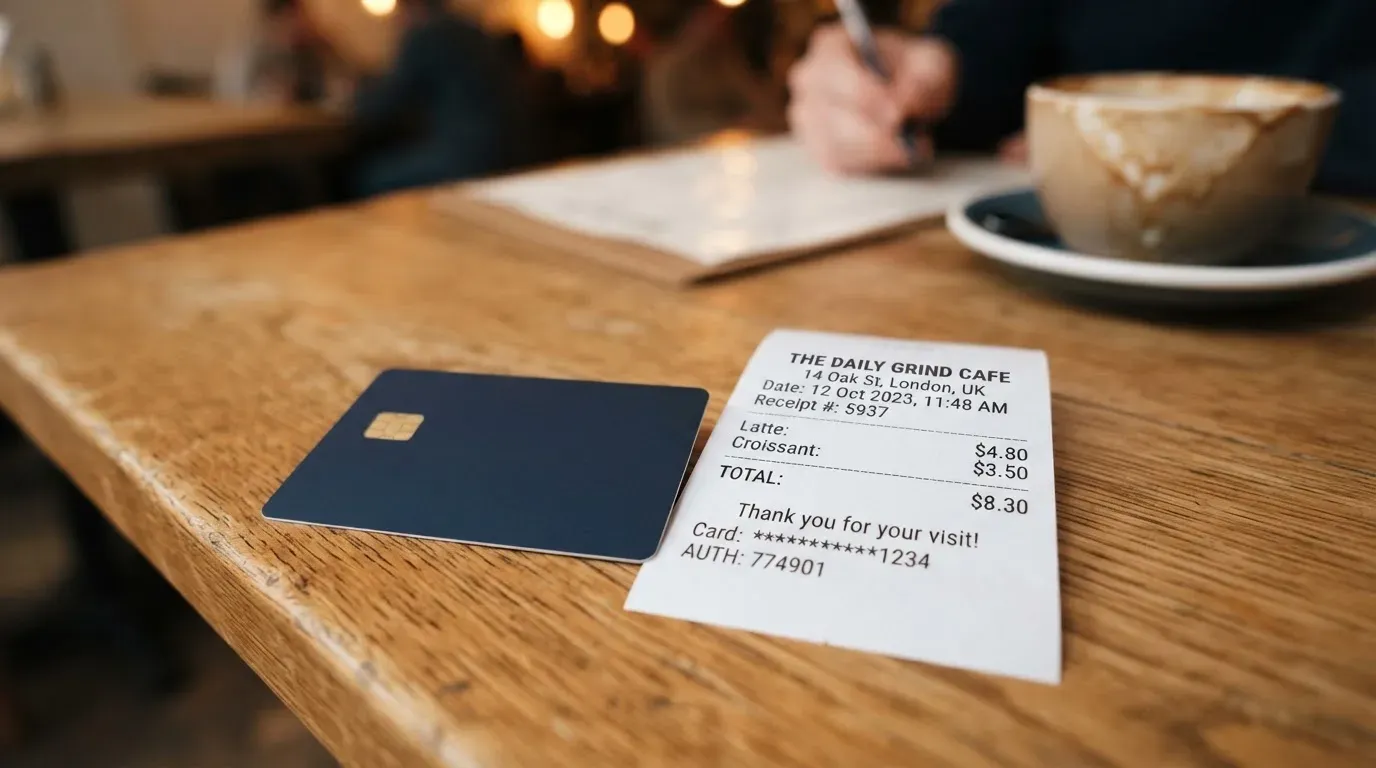A receipt and a card on a café table