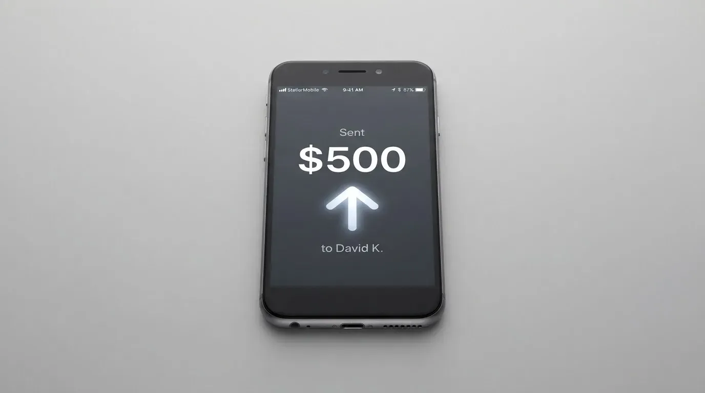 A phone showing a stablecoin transfer screen