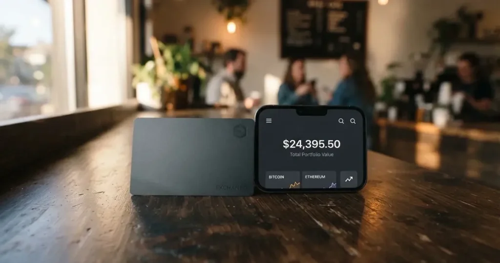 A payment card next to a phone with a crypto wallet app open