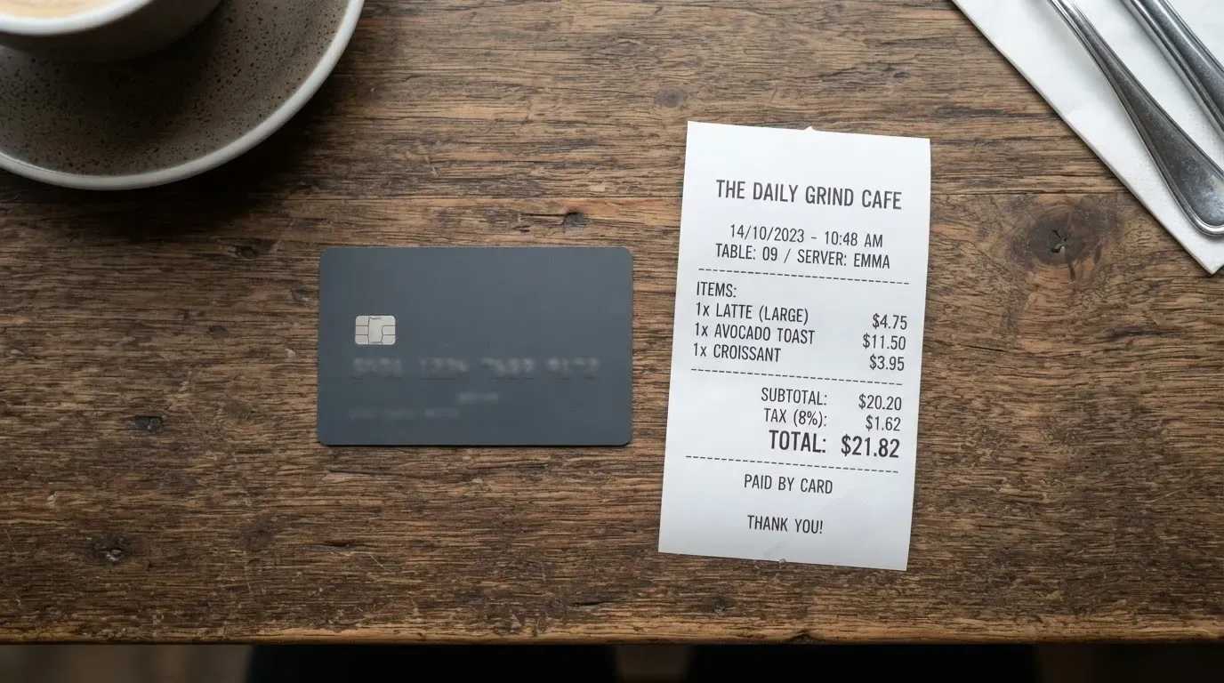 A receipt and a card on a café table