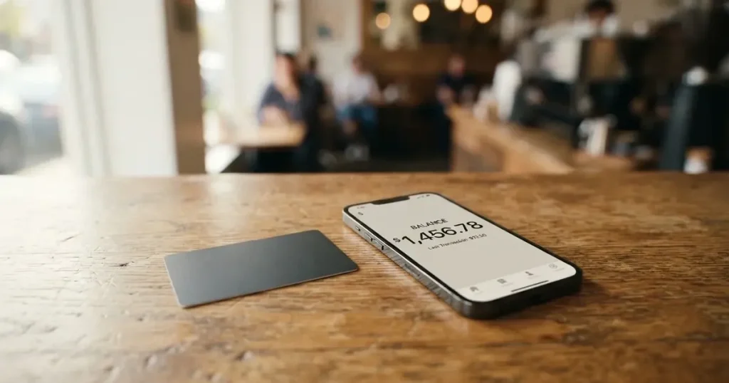 A payment card next to a phone with a crypto wallet app open