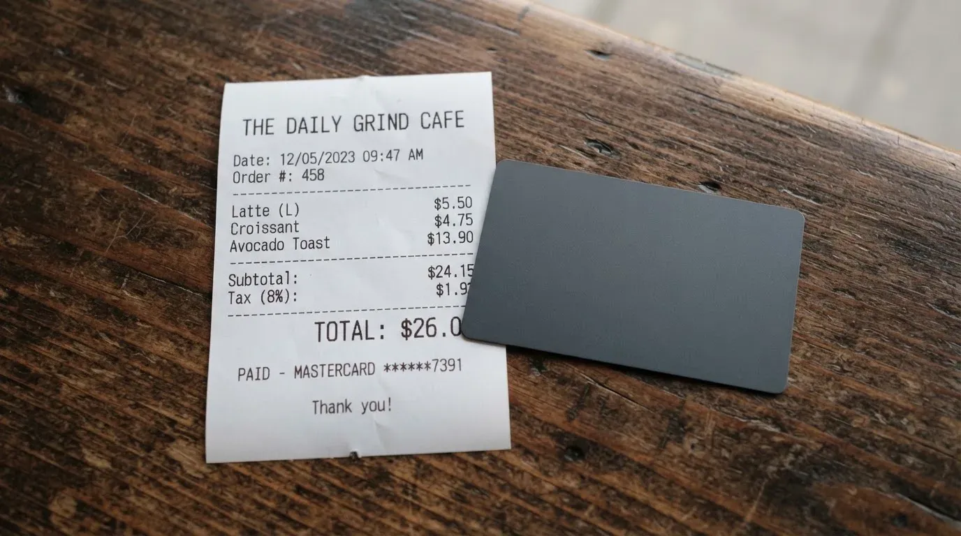 A receipt and a card on a café table