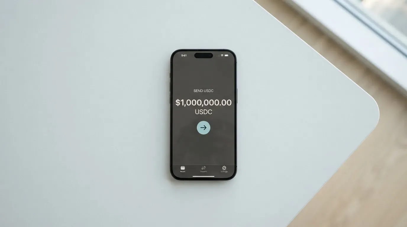 A phone showing a stablecoin transfer screen