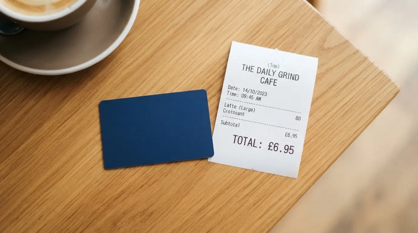 A receipt and a card on a café table