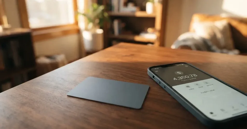 A payment card next to a phone with a crypto wallet app open