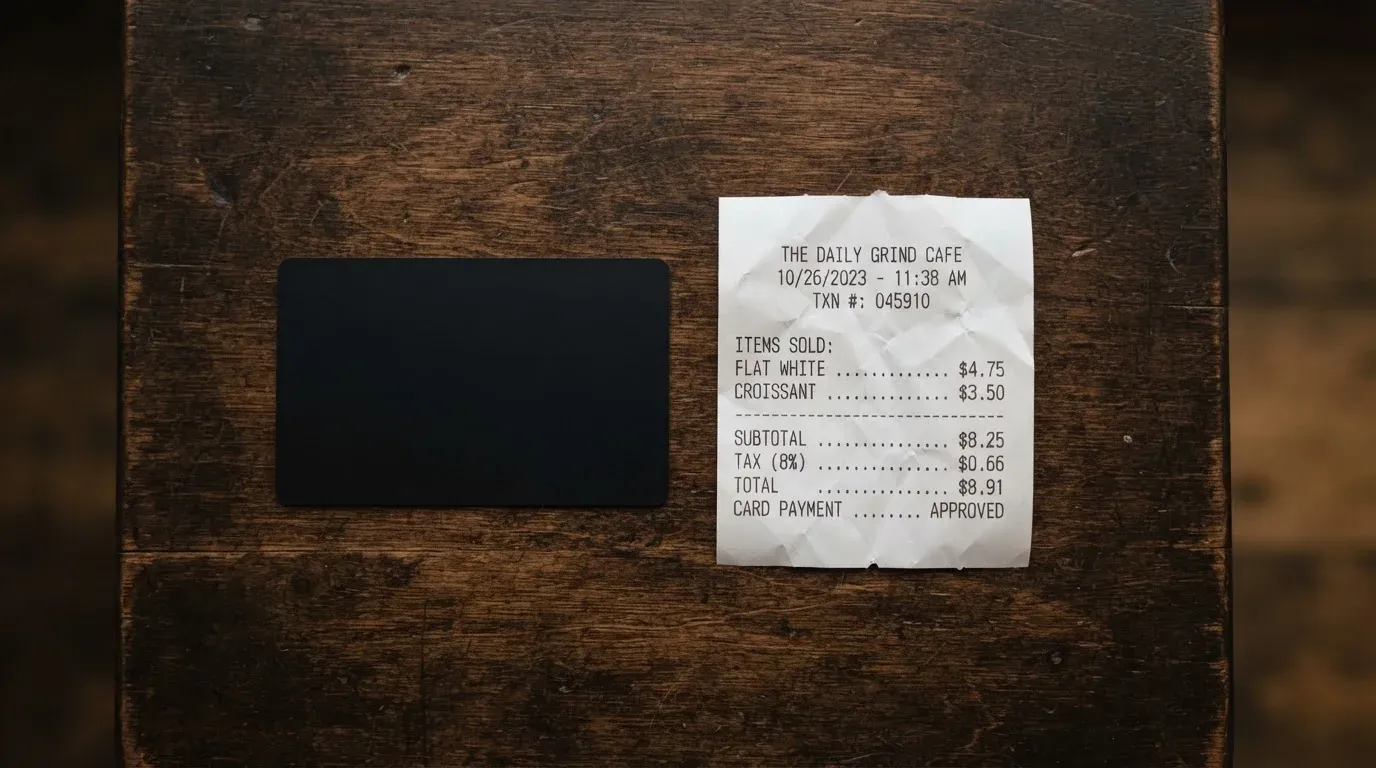 A receipt and a card on a café table