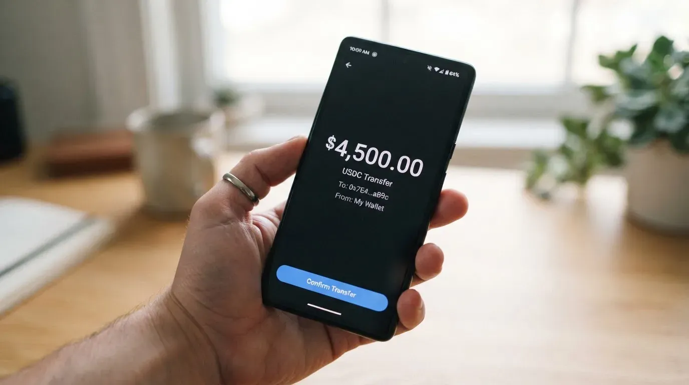 A phone showing a stablecoin transfer screen