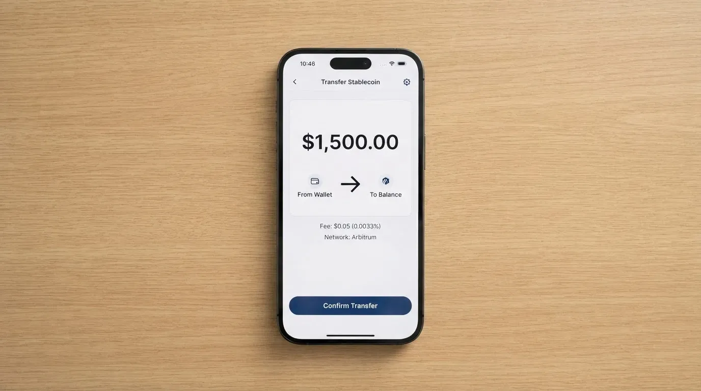A phone showing a stablecoin transfer screen