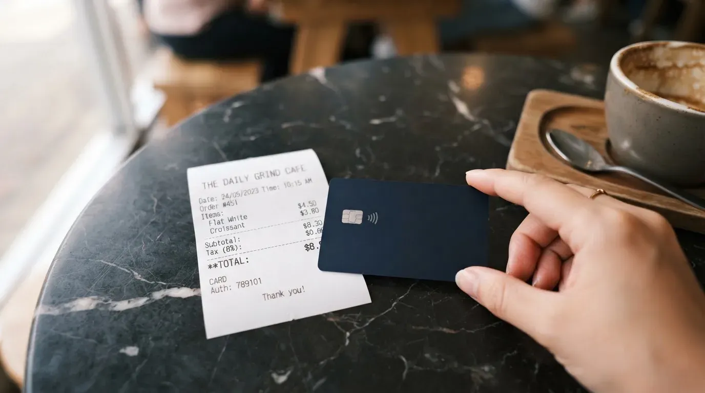 A receipt and a card on a café table