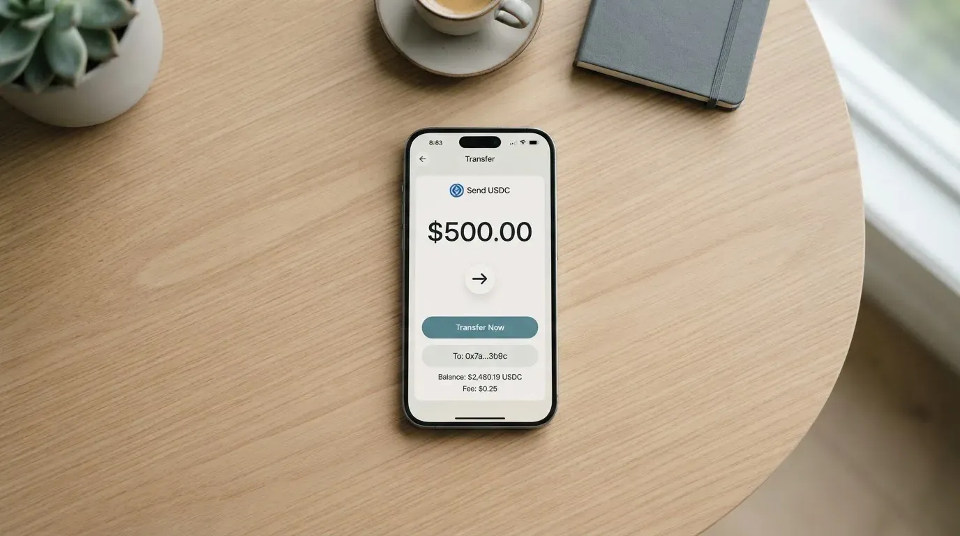 A phone showing a stablecoin transfer screen