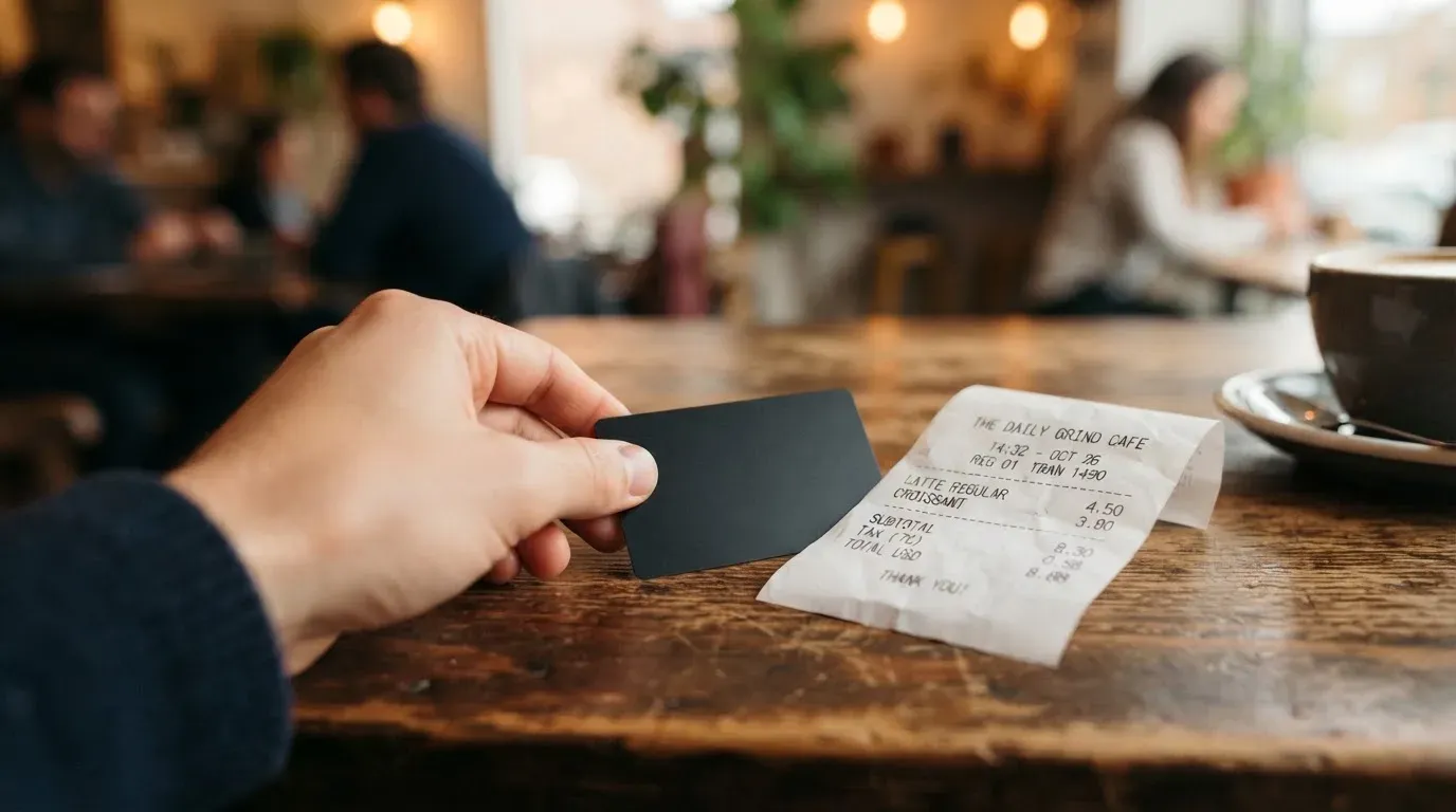 A receipt and a card on a café table