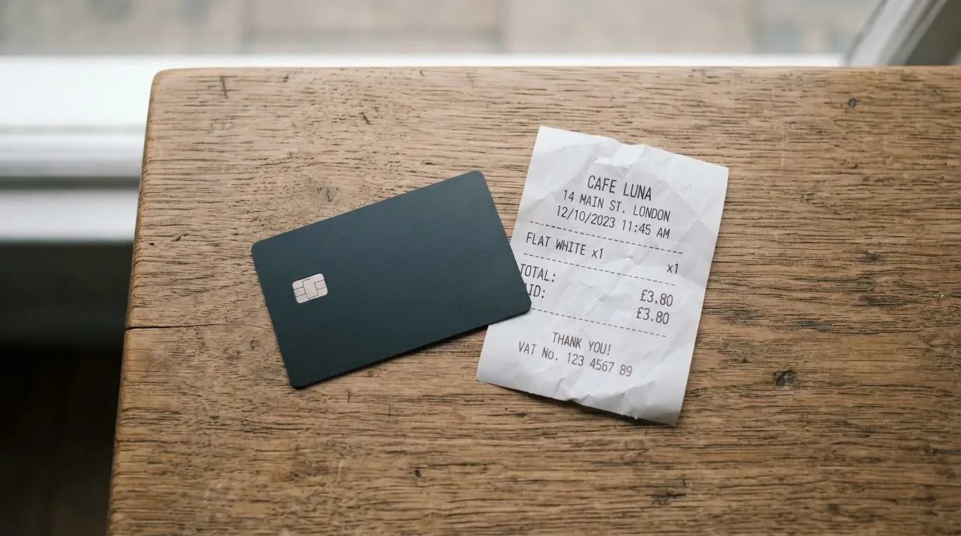 A receipt and a card on a café table
