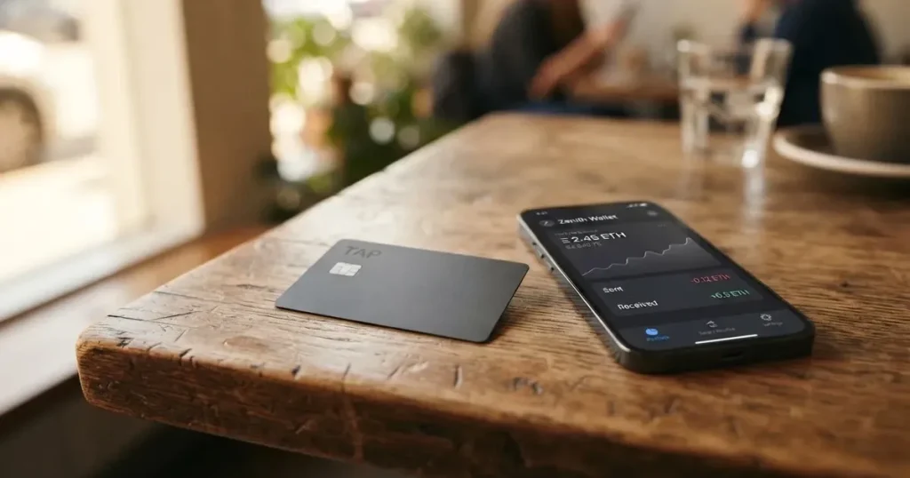A payment card next to a phone with a crypto wallet app open