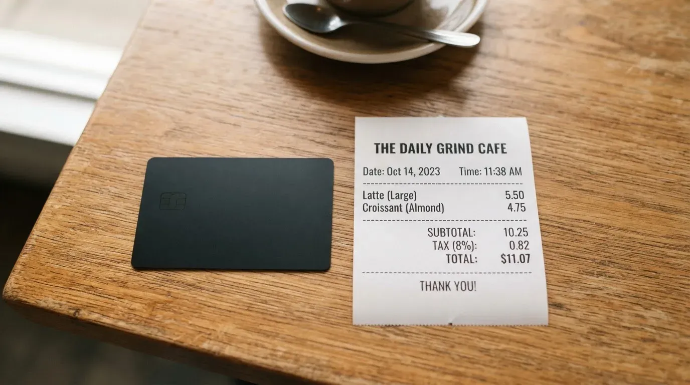 A receipt and a card on a café table