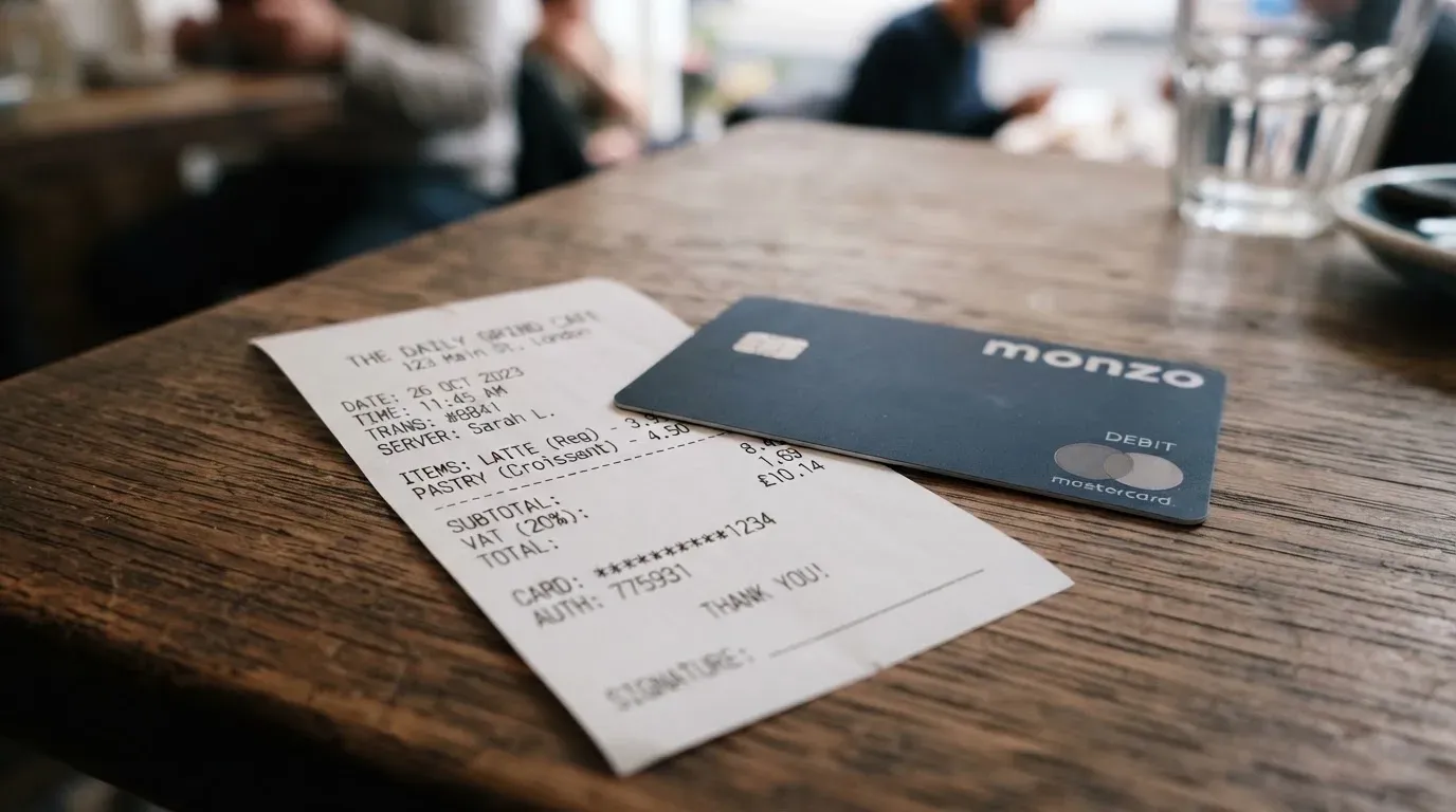 A receipt and a card on a café table