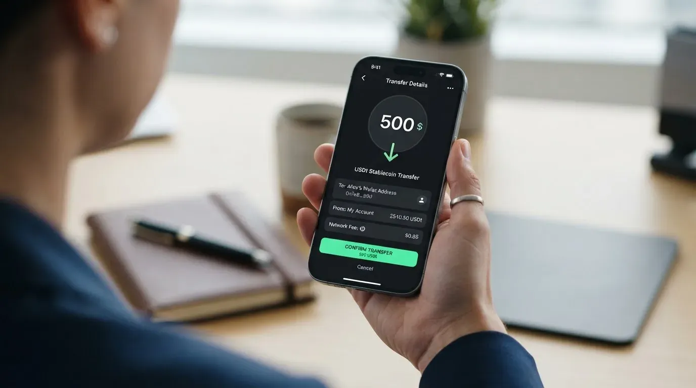 A phone showing a stablecoin transfer screen