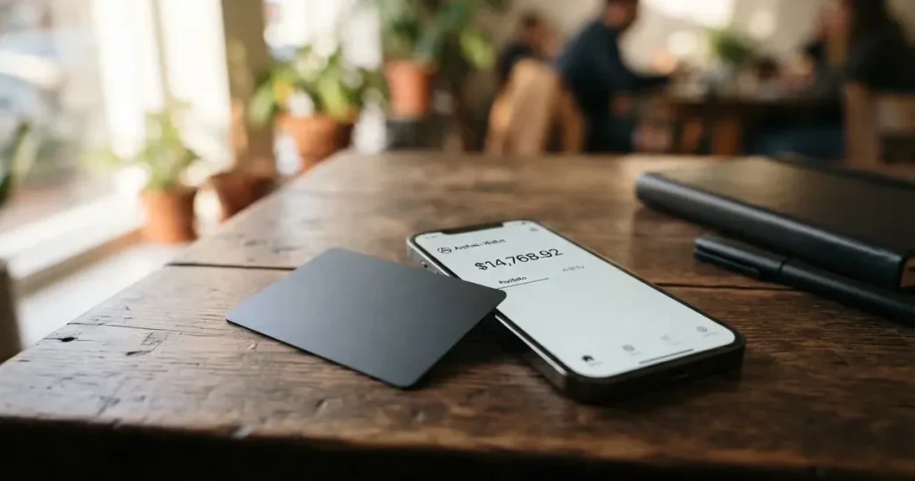 A payment card next to a phone with a crypto wallet app open