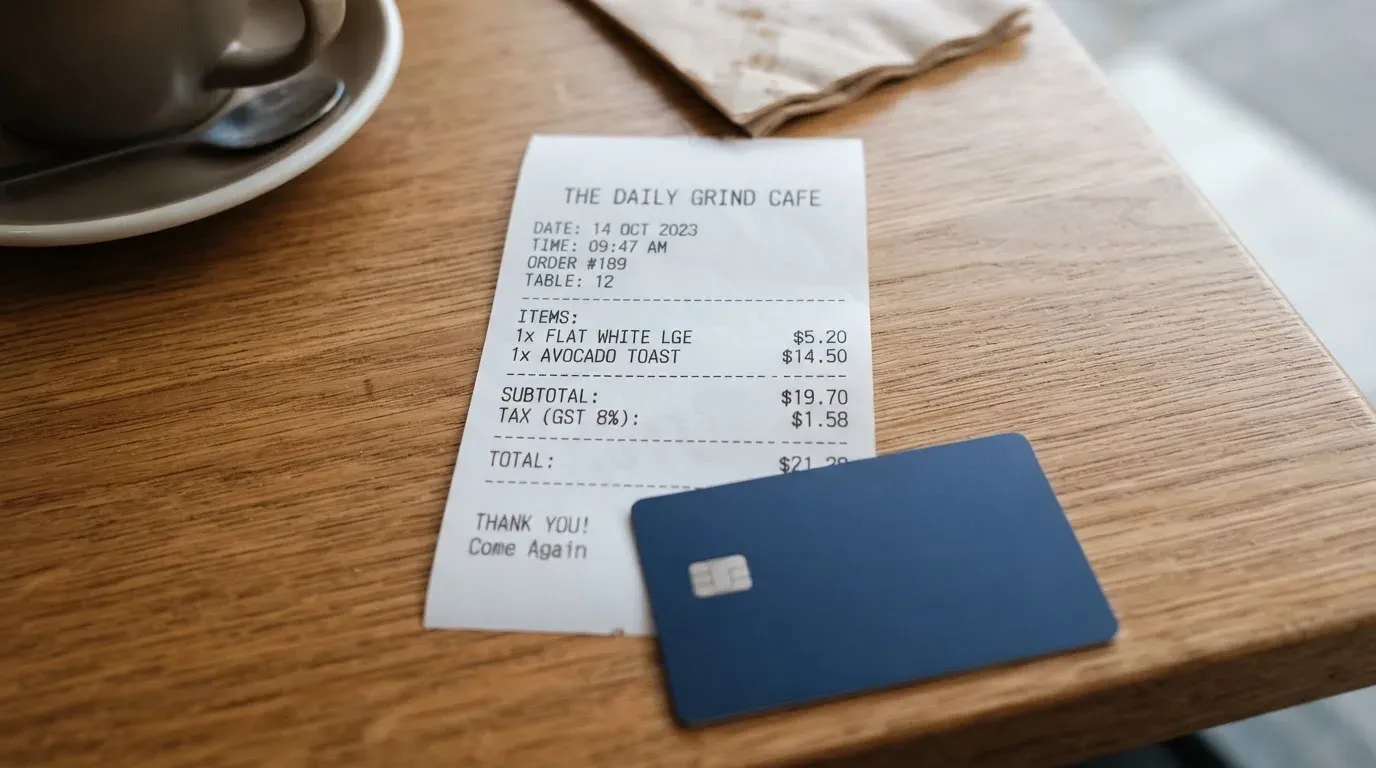 A receipt and a card on a café table