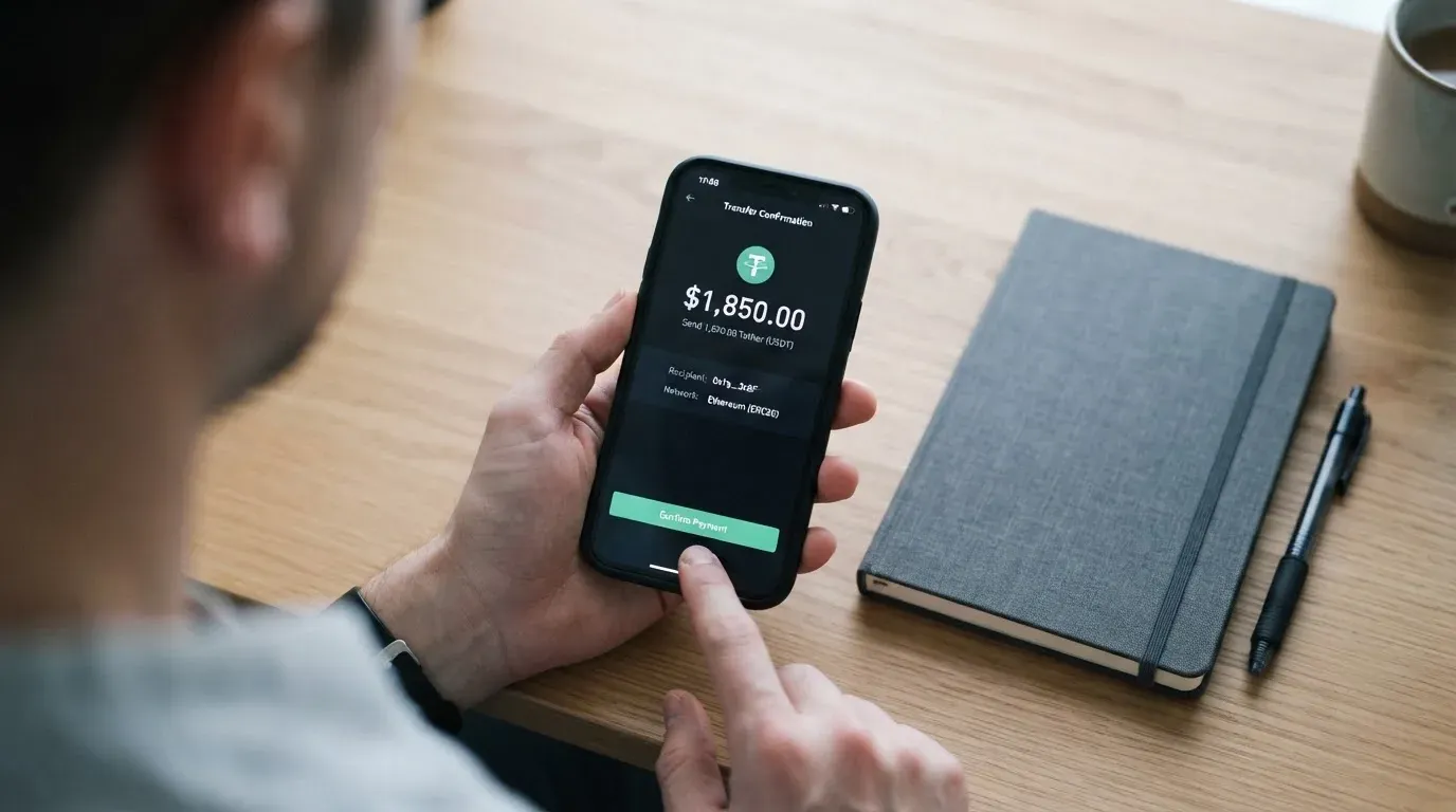 A phone showing a stablecoin transfer screen
