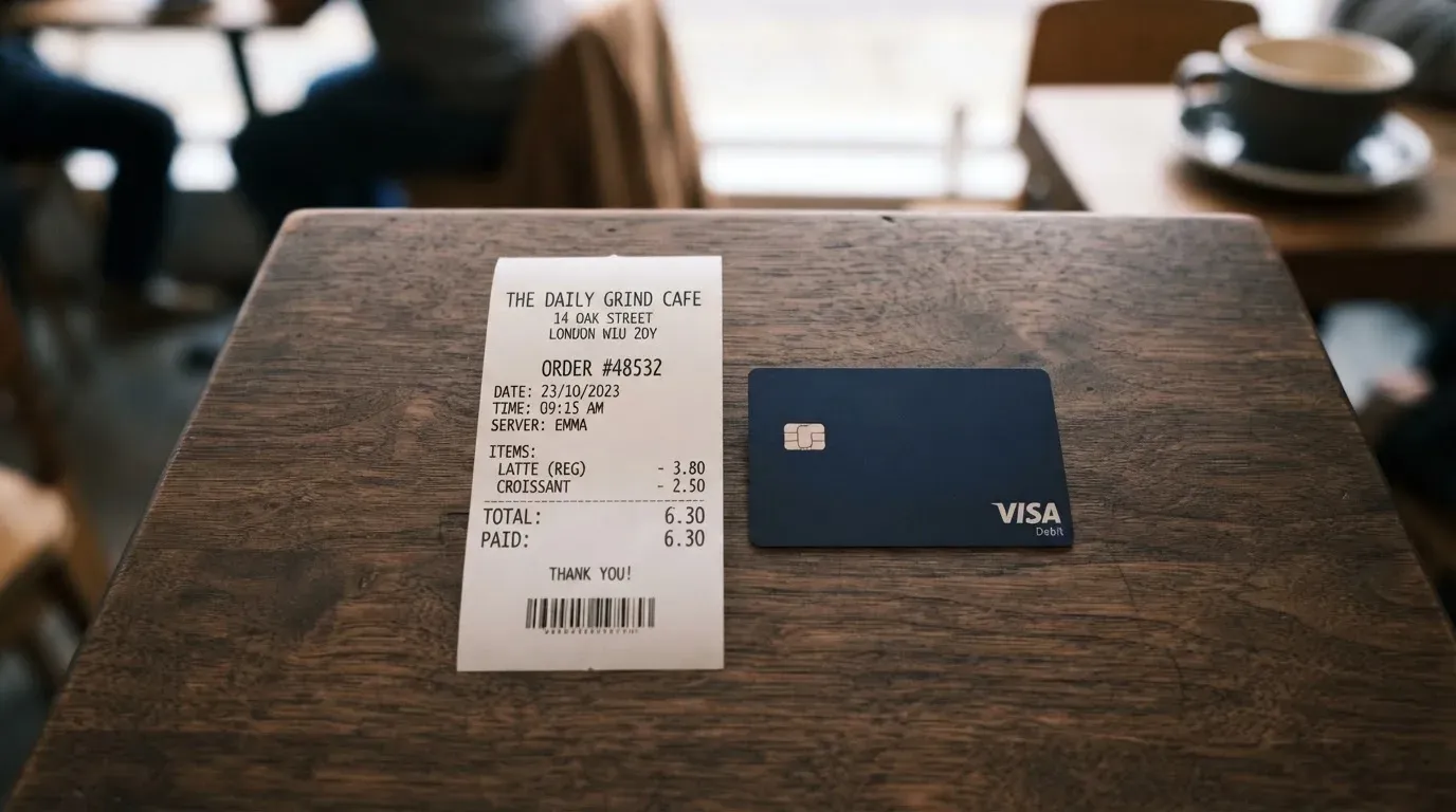 A receipt and a card on a café table