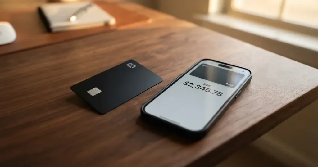 A payment card next to a phone with a crypto wallet app open