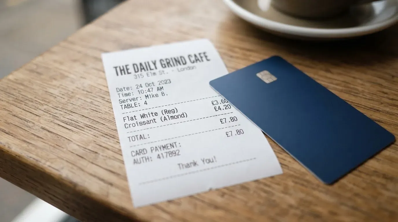 A receipt and a card on a café table
