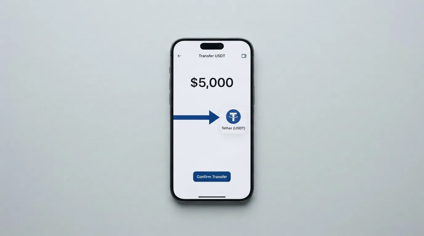A phone showing a stablecoin transfer screen