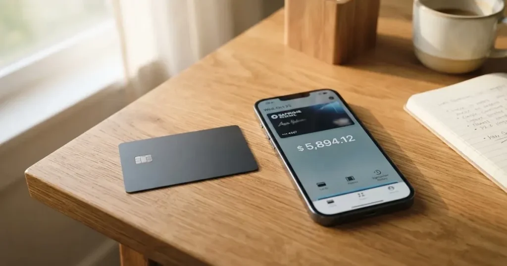 A payment card next to a phone with a crypto wallet app open