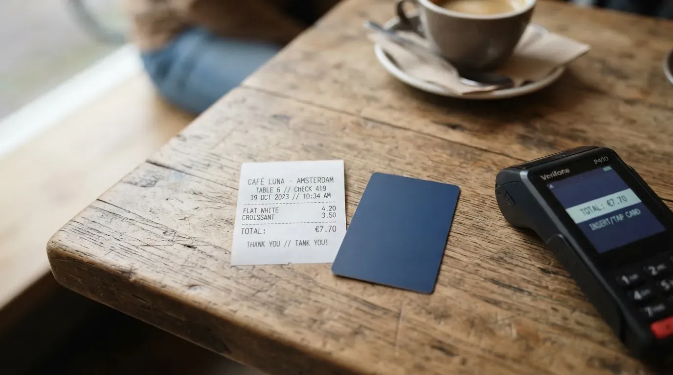 A receipt and a card on a café table