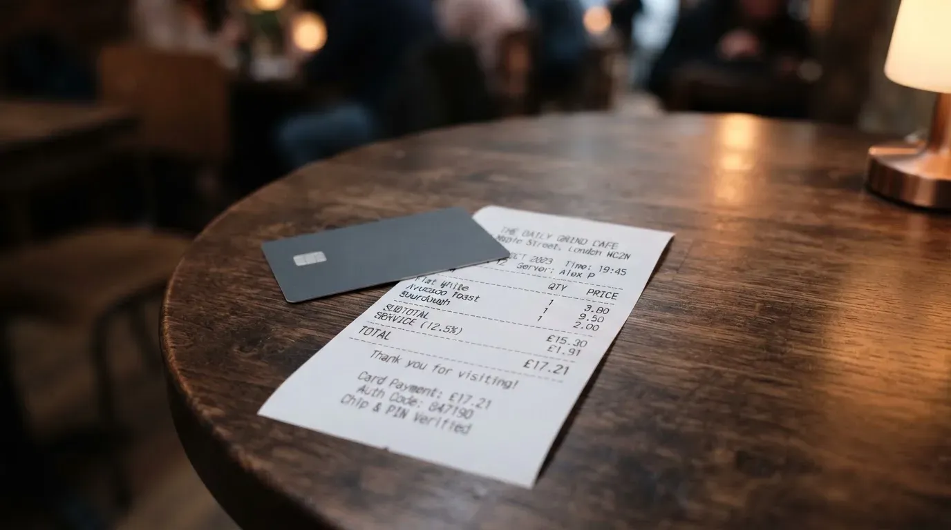 A receipt and a card on a café table