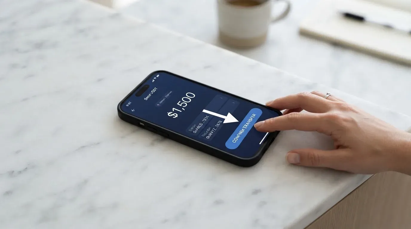 A phone showing a stablecoin transfer screen