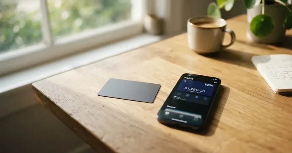 A payment card next to a phone with a crypto wallet app open