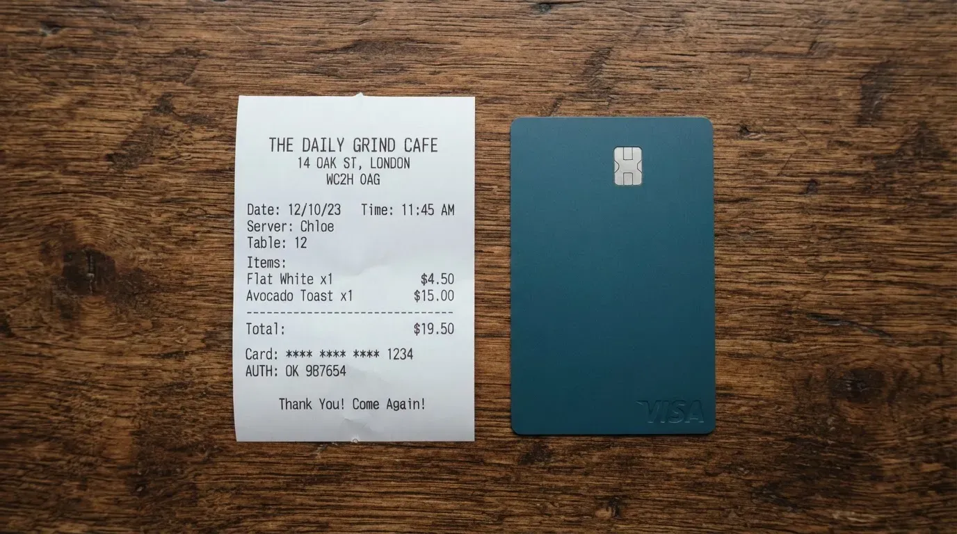 A receipt and a card on a café table