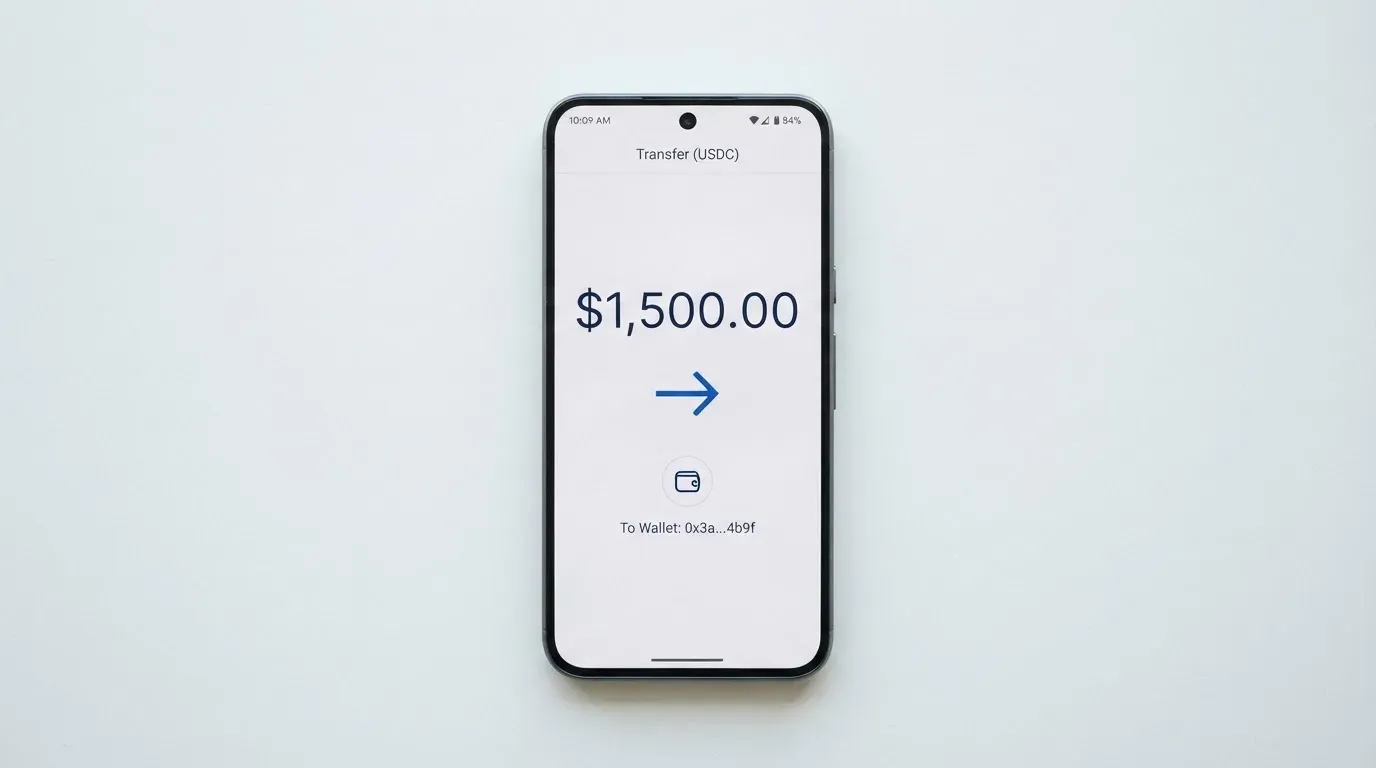 A phone showing a stablecoin transfer screen