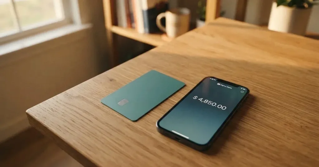 A payment card next to a phone with a crypto wallet app open