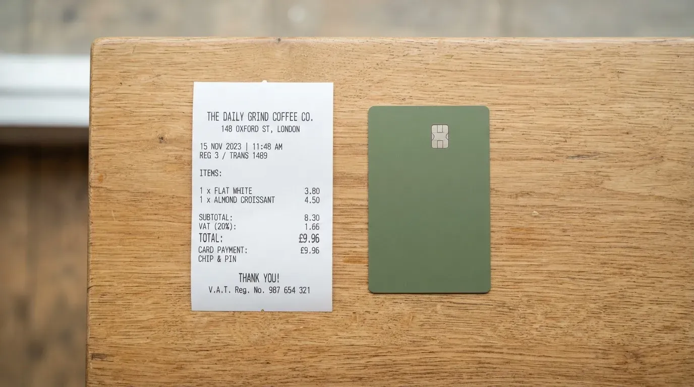 A receipt and a card on a café table