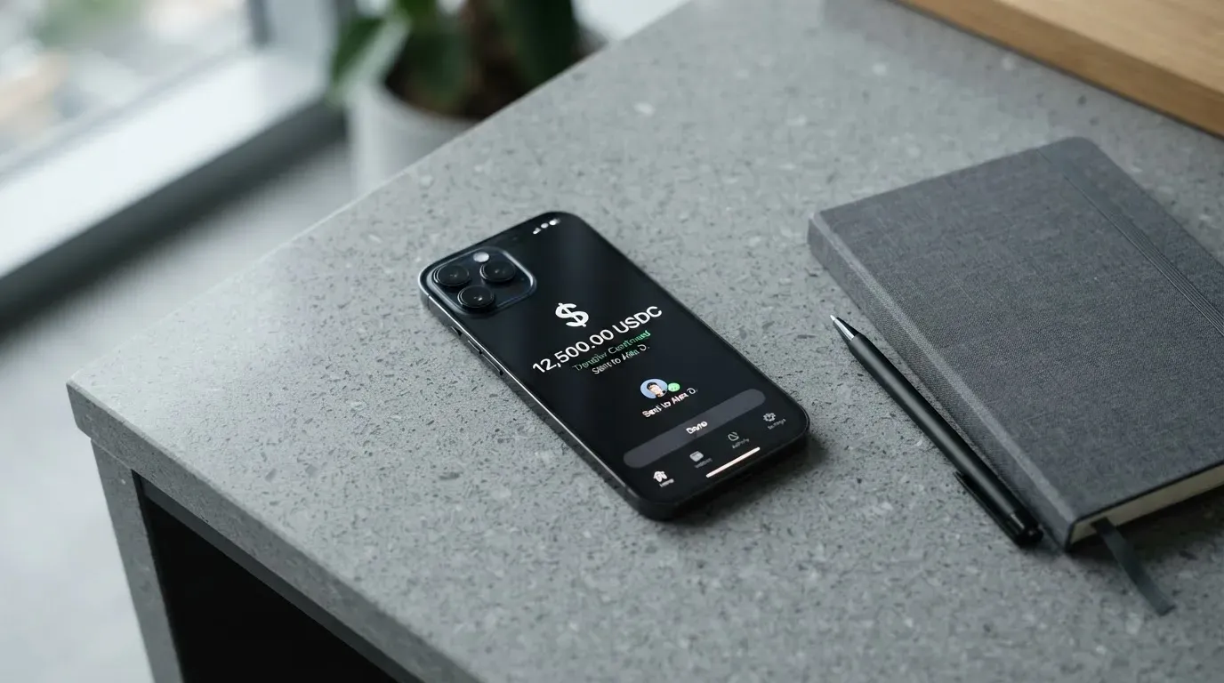 A phone showing a stablecoin transfer screen