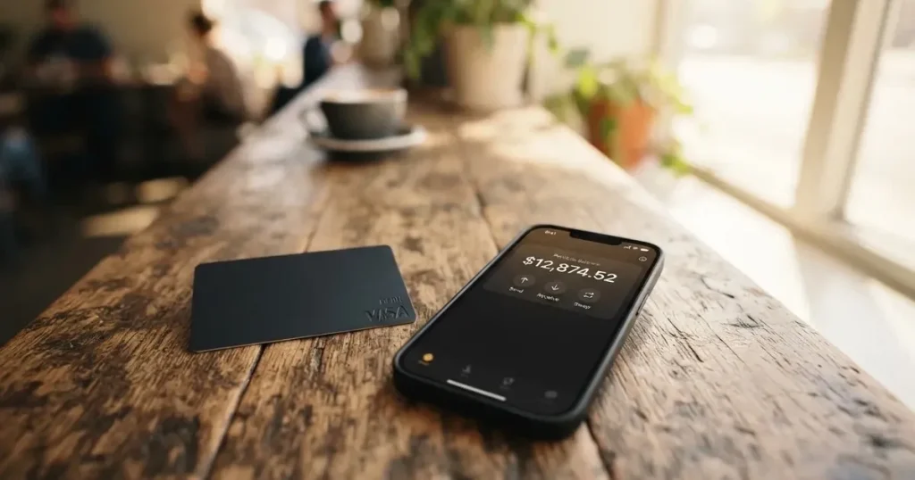 A payment card next to a phone with a crypto wallet app open