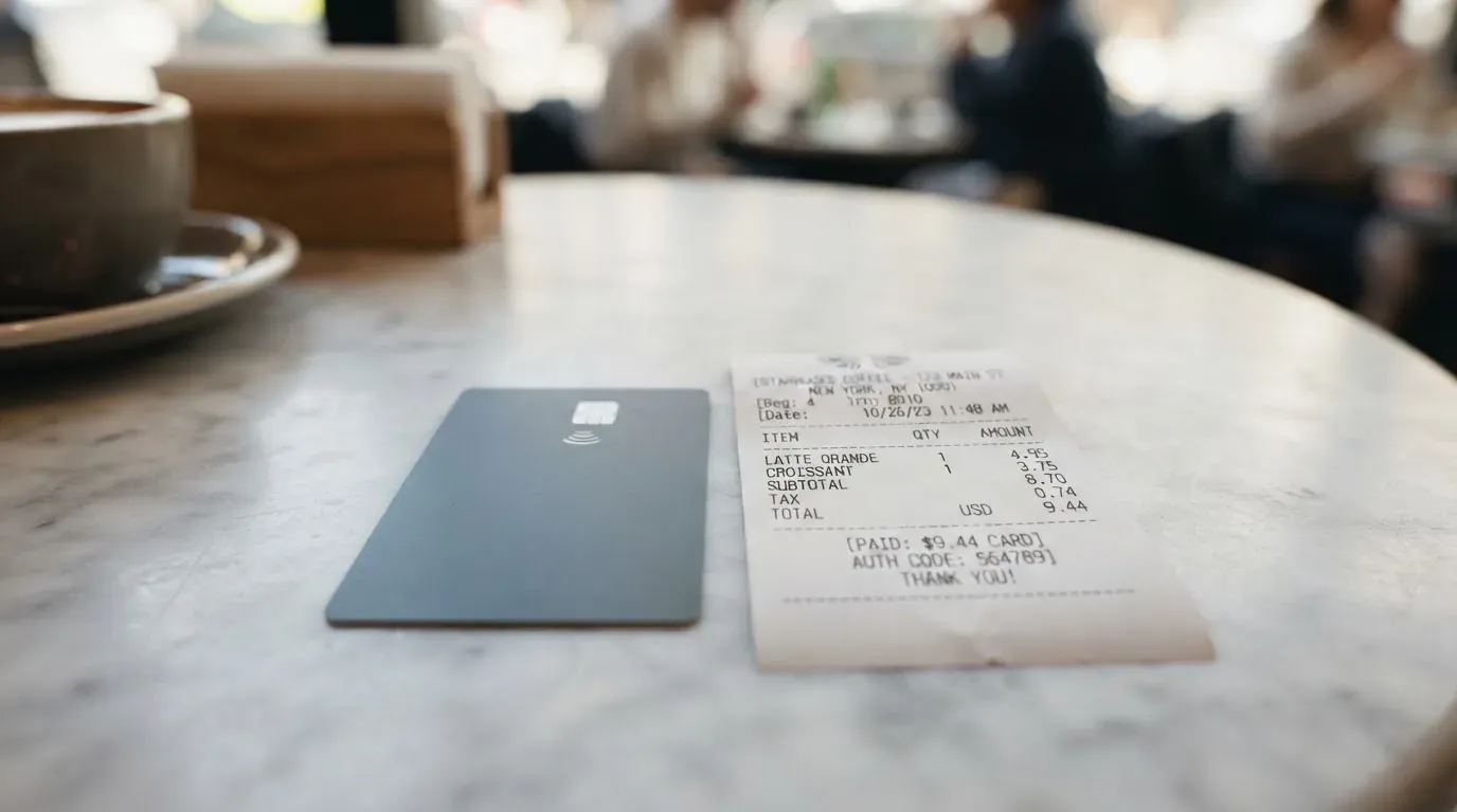 A receipt and a card on a café table