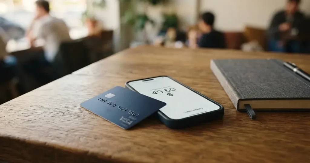 A payment card next to a phone with a crypto wallet app open
