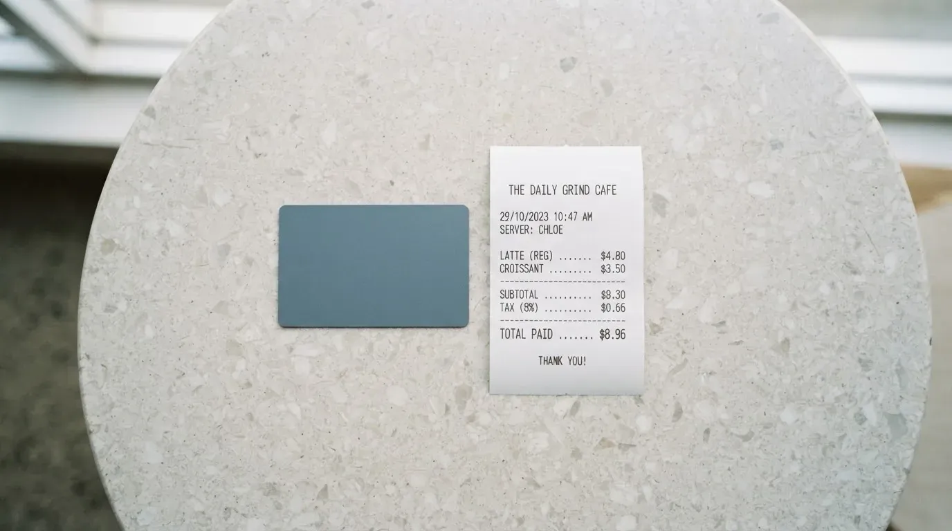 A receipt and a card on a café table