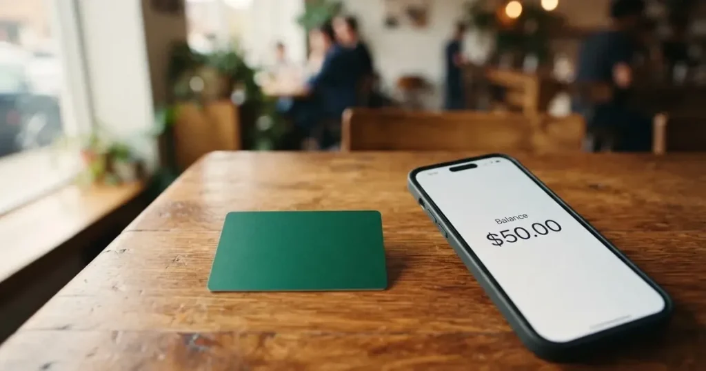 A payment card next to a phone with a crypto wallet app open
