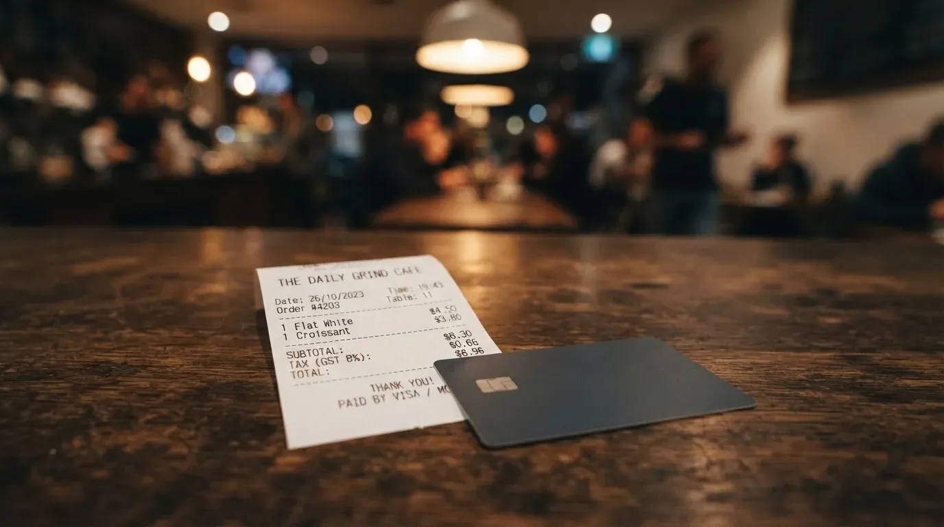 A receipt and a card on a café table