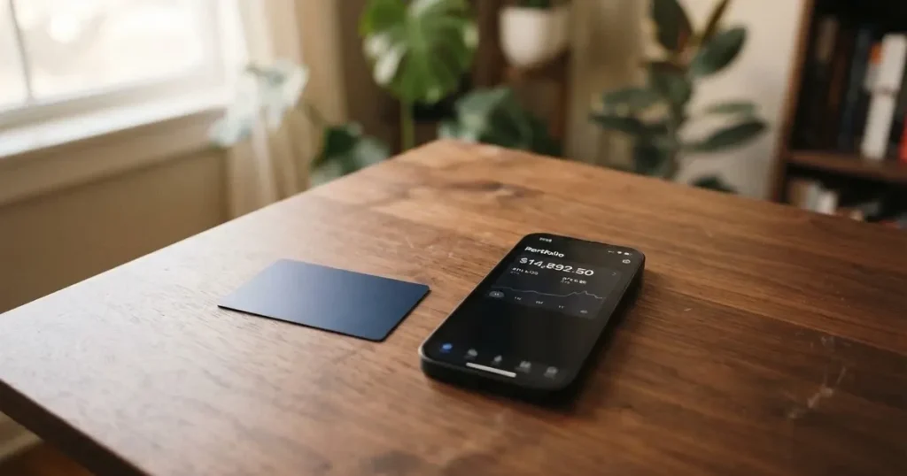 A payment card next to a phone with a crypto wallet app open