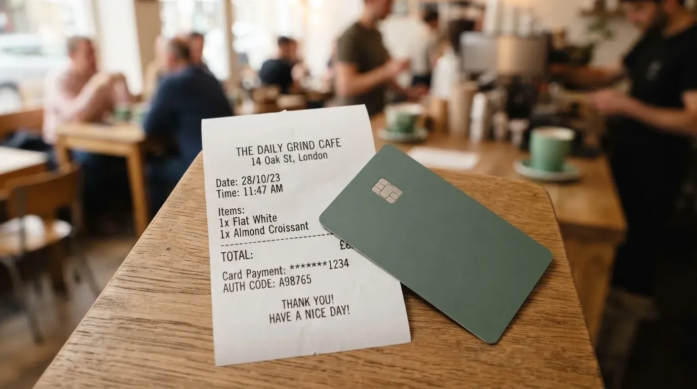 A receipt and a card on a café table