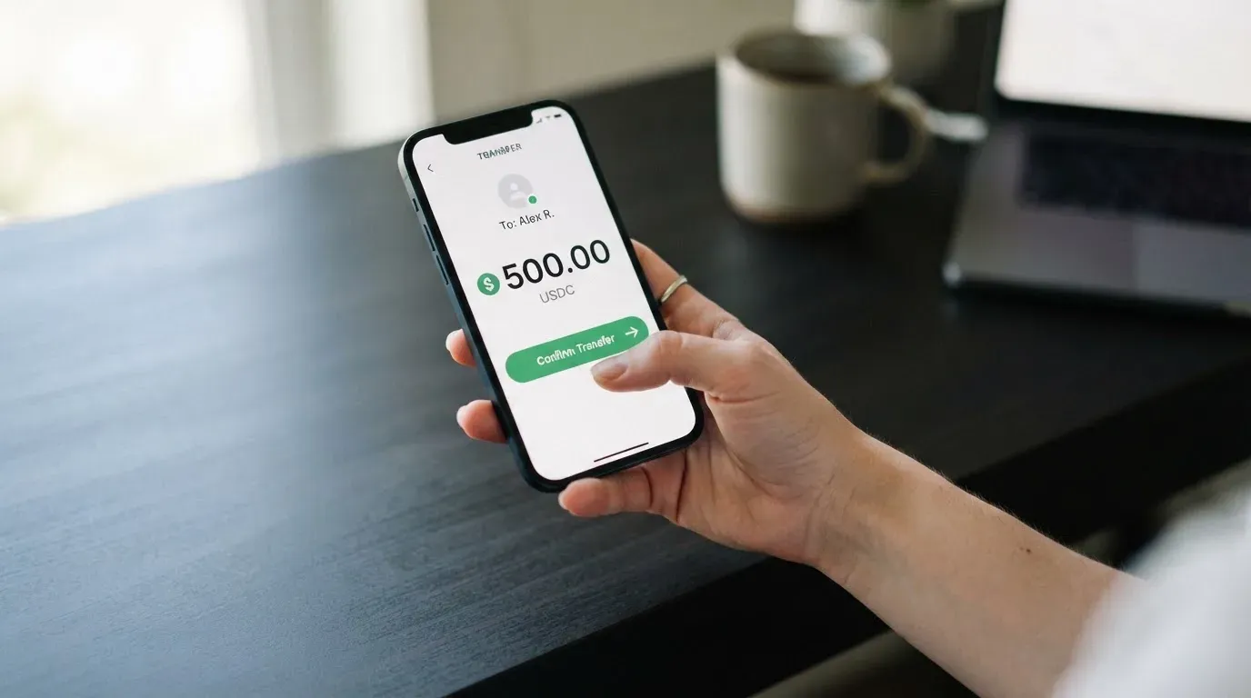 A phone showing a stablecoin transfer screen