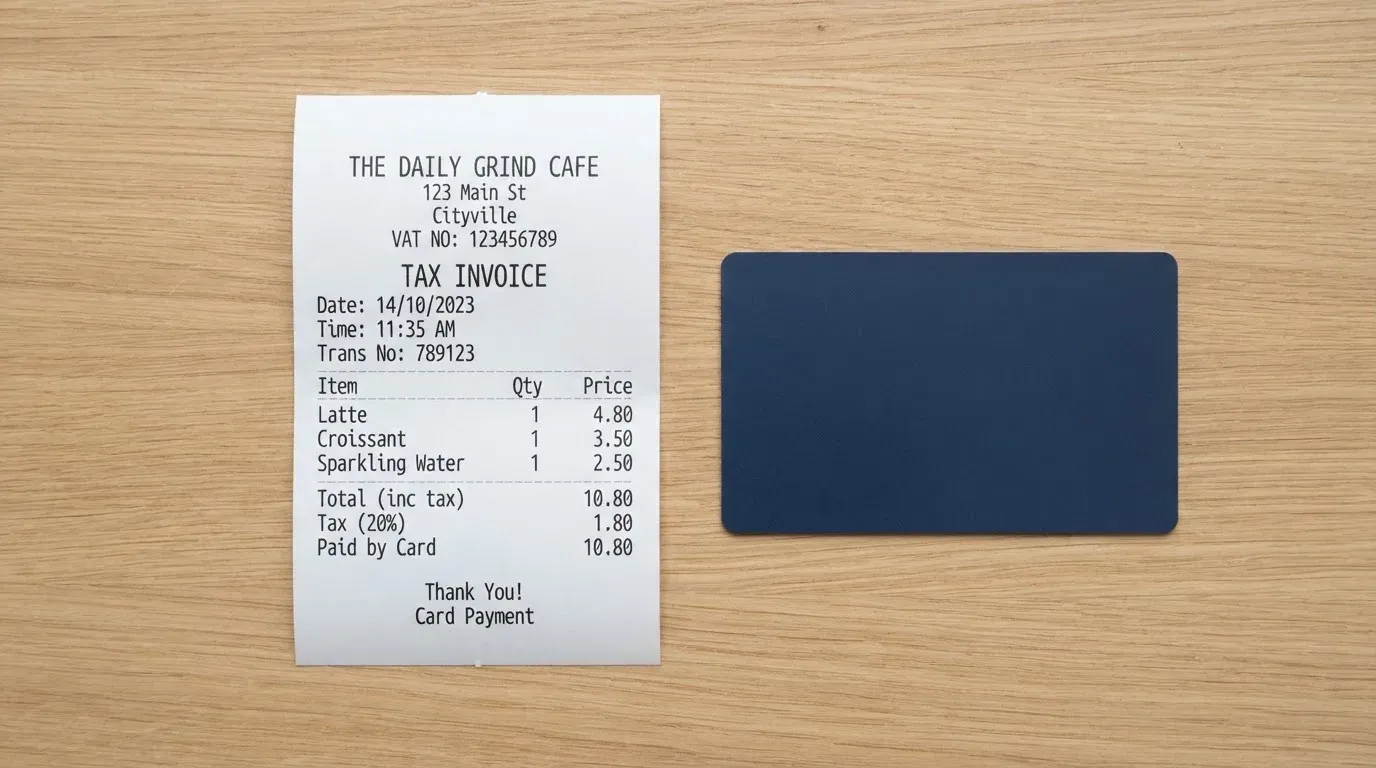 A receipt and a card on a café table